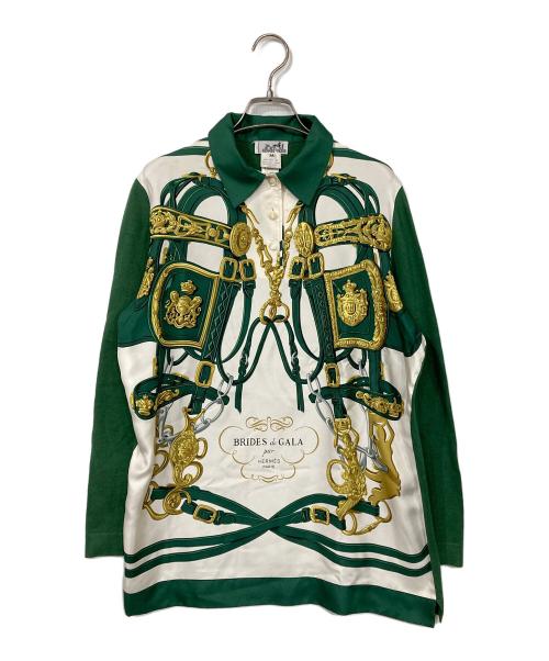 HERMES（エルメス）HERMES (エルメス) スカーフ切替長袖ポロシャツ グリーン×ホワイト サイズ:Mの古着・服飾アイテム