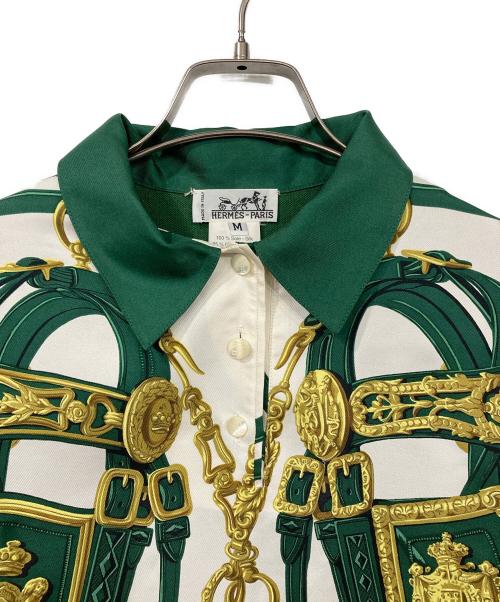 HERMES（エルメス）HERMES (エルメス) スカーフ切替長袖ポロシャツ グリーン×ホワイト サイズ:Mの古着・服飾アイテム