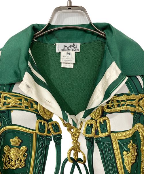 HERMES（エルメス）HERMES (エルメス) スカーフ切替長袖ポロシャツ グリーン×ホワイト サイズ:Mの古着・服飾アイテム
