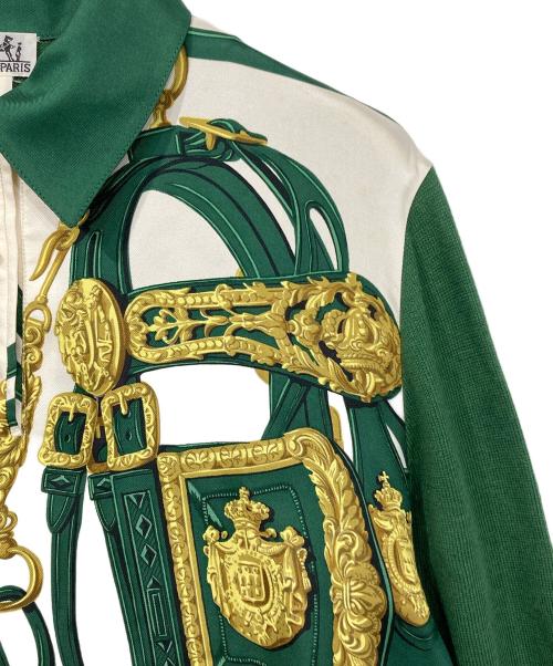 HERMES（エルメス）HERMES (エルメス) スカーフ切替長袖ポロシャツ グリーン×ホワイト サイズ:Mの古着・服飾アイテム