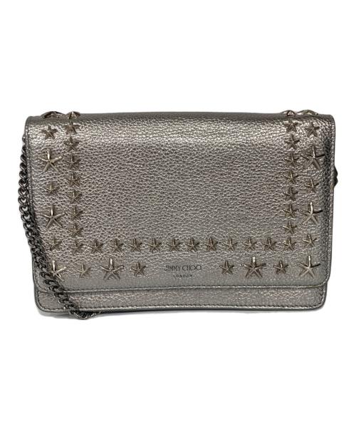 JIMMY CHOO（ジミーチュウ）JIMMY CHOO (ジミーチュウ) スタースタッズ付メタリックソフトグレイニーカーフレザー・ミニバッグ シルバーの古着・服飾アイテム