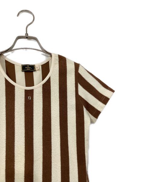 FENDI（フェンディ）FENDI (フェンディ) パイル地ストライプTシャツ ブラウン サイズ:44の古着・服飾アイテム
