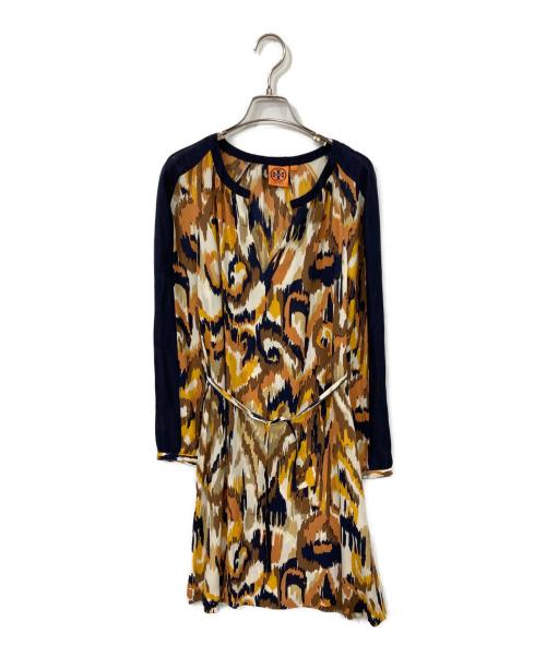 TORY BURCH（トリーバーチ）TORY BURCH (トリーバーチ) 総柄シルクワンピース ブラウン×ネイビー サイズ:US8の古着・服飾アイテム
