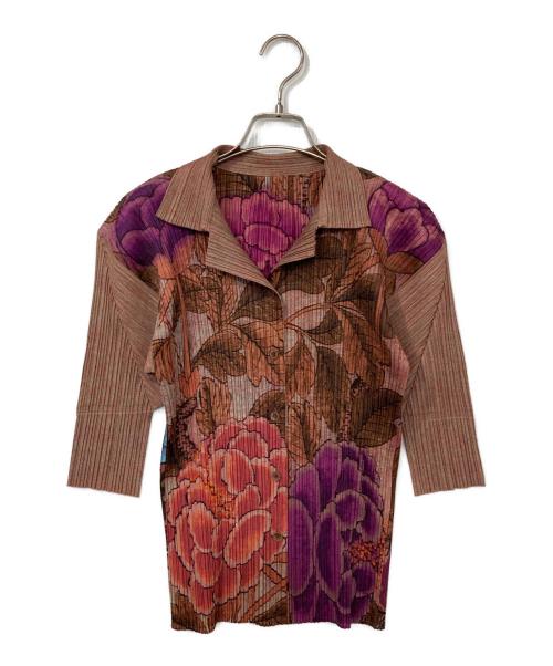 PLEATS PLEASE（プリーツプリーズ）PLEATS PLEASE (プリーツプリーズ) 牡丹柄プリーツシャツ ブラウン サイズ:4の古着・服飾アイテム