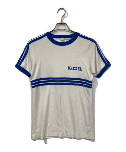 Textile Prints（テキスタイル プリント）Textile Prints (テキスタイル プリント) ラグランTシャツ ホワイト×ブルー サイズ:LARGEの古着・服飾アイテム