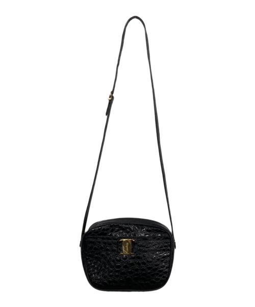 Salvatore Ferragamo（サルヴァトーレ フェラガモ）Salvatore Ferragamo (サルヴァトーレ フェラガモ) クロコ型押しショルダーバッグ ブラックの古着・服飾アイテム