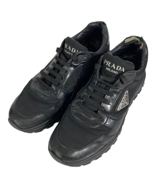 PRADA（プラダ）PRADA (プラダ) Re-Nylon  ブラッシュドレザー スニーカー ブラック サイズ:8の古着・服飾アイテム