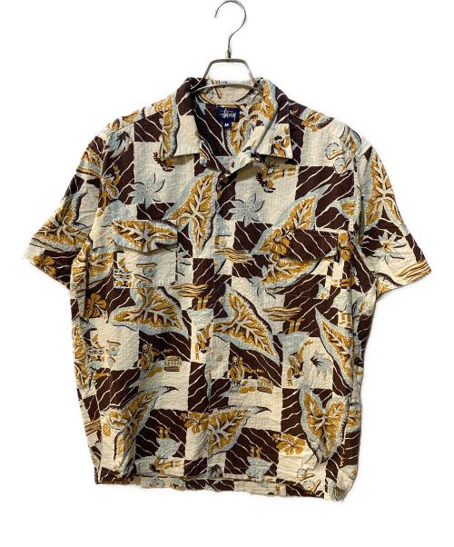 stussy（ステューシー）stussy (ステューシー) オープンカラーシャツ ホワイト×ブラウン サイズ:Mの古着・服飾アイテム