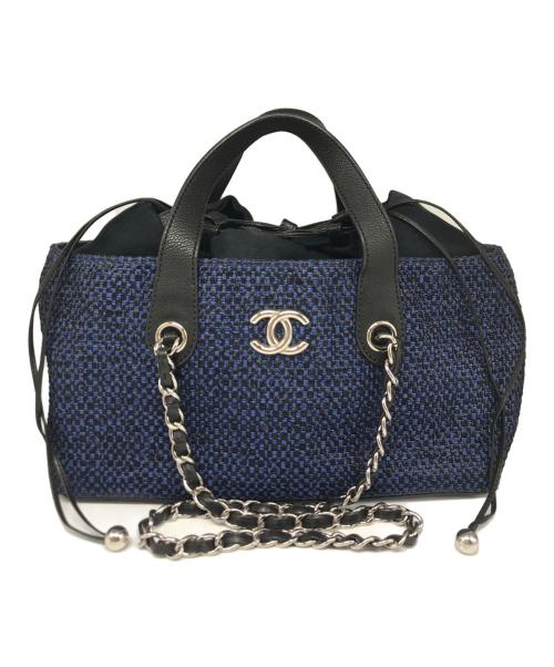 CHANEL（シャネル）CHANEL (シャネル) ストロー×キャビアスキン 2WAYハンドバッグ ブラック×ネイビーの古着・服飾アイテム