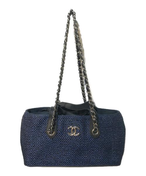 CHANEL（シャネル）CHANEL (シャネル) ストロー×キャビアスキン 2WAYハンドバッグ ブラック×ネイビーの古着・服飾アイテム