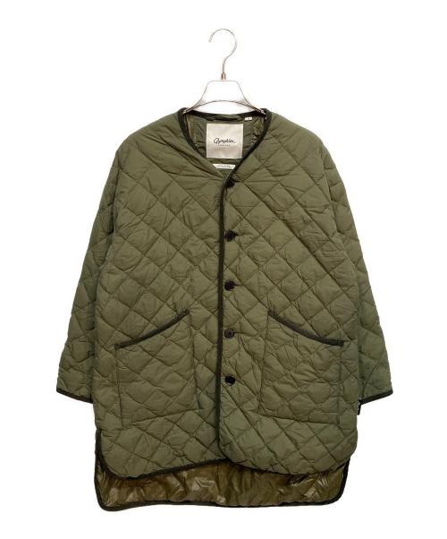 Gymphlex（ジムフレックス）Gymphlex (ジムフレックス) ダイヤキルトダウン Vネック カラーレスコート オリーブ サイズ:14の古着・服飾アイテム