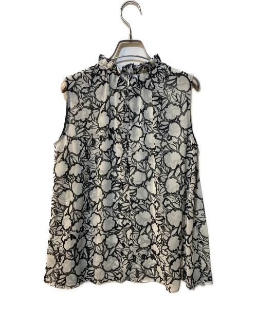 ANAYI（アナイ）ANAYI (アナイ) ラインフラワープリントギャザーブラウス グレー×ブラック サイズ:38の古着・服飾アイテム