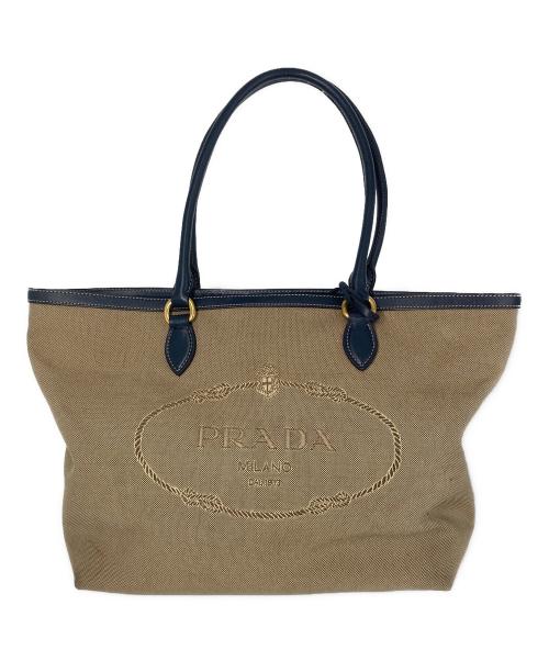 PRADA（プラダ）PRADA (プラダ) キャンバス ジャガードロゴトートバッグ ベージュ×ネイビーの古着・服飾アイテム