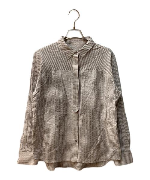 HUMAN WOMAN（ヒューマンウーマン）HUMAN WOMAN (ヒューマンウーマン) パナマ サッカー ストライプ シャツブラウス ブラウン サイズ:Mの古着・服飾アイテム