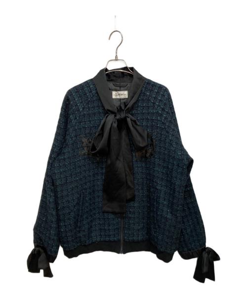 &ellecy（アンドエルシー）&ellecy (アンドエルシー) ボウタイツイードブルゾン ブラック×グリーン サイズ:Ｍの古着・服飾アイテム