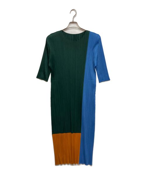 PLEATS PLEASE（プリーツプリーズ）PLEATS PLEASE (プリーツプリーズ) プリーツワンピース グリーン×ブルー サイズ:4の古着・服飾アイテム