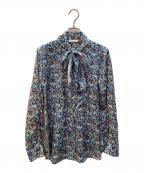 BACCAバッカ）の古着「フラワーブーケプリント バンドカラーボウタイブラウス」｜ブルー