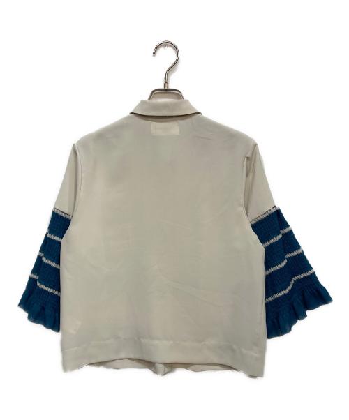 yuki shimane（ユキ シマネ）yuki shimane (ユキ シマネ) Border-Knit Sleeves Shirt ブルー×ベージュ サイズ:FREEの古着・服飾アイテム