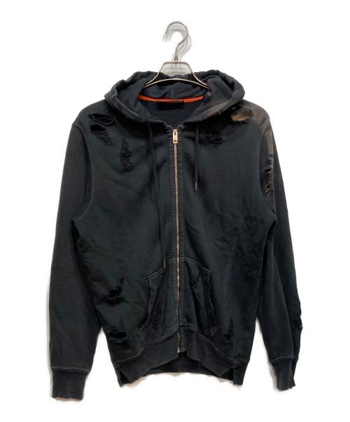 DIESEL（ディーゼル）DIESEL (ディーゼル) クラッシュ加工 ジップパーカー ブラック サイズ:実寸参照の古着・服飾アイテム