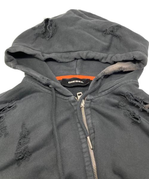 DIESEL（ディーゼル）DIESEL (ディーゼル) クラッシュ加工 ジップパーカー ブラック サイズ:実寸参照の古着・服飾アイテム