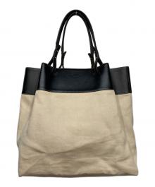 BOTTEGA VENETA（ボッテガベネタ）の古着「Quad Leather Trimmed Canvas Tote Bag」｜ブラック×アイボリー