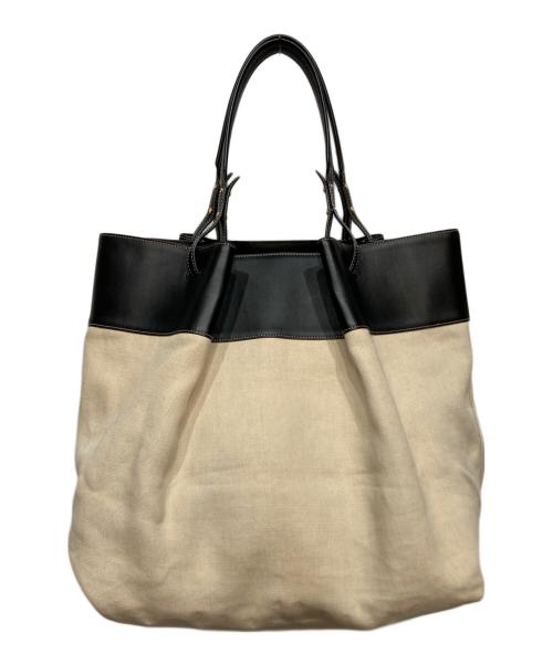 BOTTEGA VENETA（ボッテガベネタ）BOTTEGA VENETA (ボッテガベネタ) Quad Leather Trimmed Canvas Tote Bag ブラック×アイボリーの古着・服飾アイテム