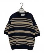 TOMORROW LAND tricotトゥモローランド トリコ）の古着「コットンナイロン マリンボーダークルーネック」｜グレー×ベージュ