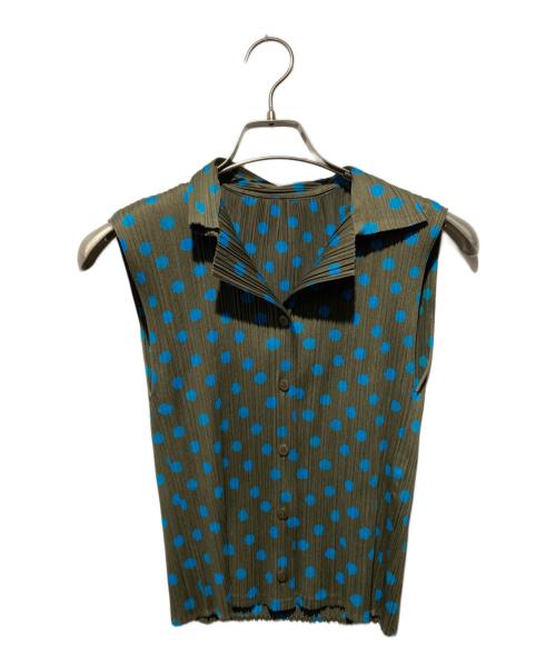 PLEATS PLEASE（プリーツプリーズ）PLEATS PLEASE (プリーツプリーズ) ドット柄ノースリーブプリーツシャツ グリーン×ブルー サイズ:3の古着・服飾アイテム