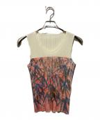 PLEATS PLEASEプリーツプリーズ）の古着「笹の葉モチーフノースリーブブラウス」｜グリーン×レッド