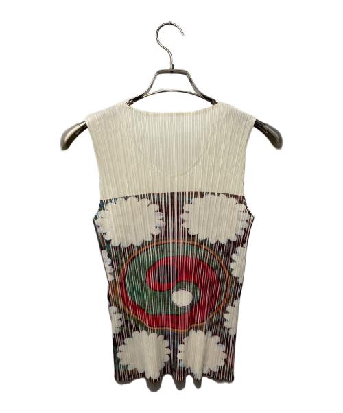 PLEATS PLEASE（プリーツプリーズ）PLEATS PLEASE (プリーツプリーズ) 笹の葉モチーフノースリーブブラウス グリーン×レッド サイズ:4の古着・服飾アイテム