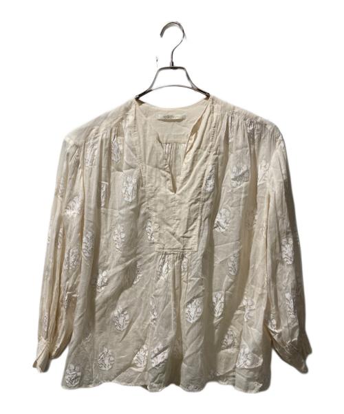 ne quittez pas（ヌキテパ）ne quittez pas (ヌキテパ) Cotton Voile Sedum Foil Print Gather Blouse ベージュ サイズ:ＦＲＥＥの古着・服飾アイテム