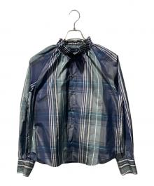 GALERIE VIE（ギャルリーヴィー）の古着「ライトタフタ ギャザーカラーブラウス」｜ネイビー×グレー