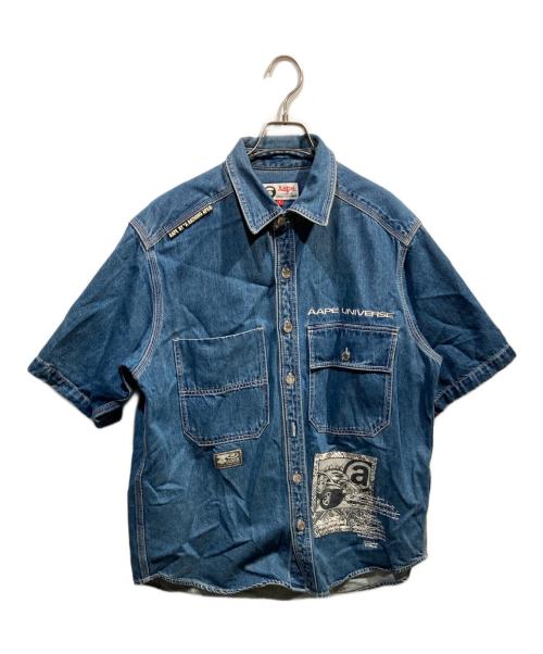 Aape BY A BATHING APE（エーエイプ バイ アベイシングエイプ）AAPE BY A BATHING APE (エーエイプ バイ アベイシングエイプ) logo-patch Dnim Shirt/ワッペン半袖デニムシャツ インディゴ サイズ:Sの古着・服飾アイテム