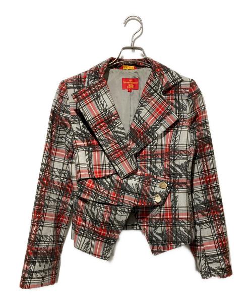 Vivienne Westwood RED LABEL（ヴィヴィアンウエストウッドレッドレーベル）Vivienne Westwood RED LABEL (ヴィヴィアンウエストウッドレッドレーベル) オーブボタンタータンチェック変形ジャケット レッド サイズ:1の古着・服飾アイテム