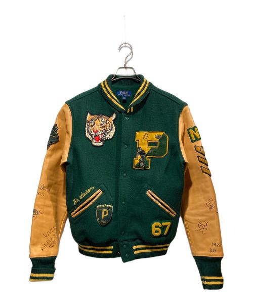POLO RALPH LAUREN（ポロ・ラルフローレン）POLO RALPH LAUREN (ポロ・ラルフローレン) 50周年記念タイガー刺繍レザースリーブバーシティ ジャケット ブラウン×グリーン サイズ:Mの古着・服飾アイテム