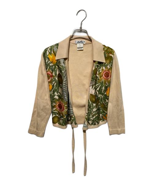 HERMES（エルメス）HERMES (エルメス) スカーフ柄シルク切替カーディガン ベージュ×グリーン サイズ:36の古着・服飾アイテム