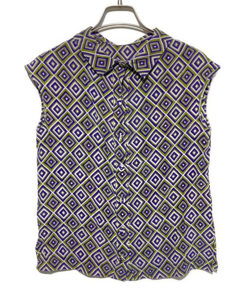 PRADA（プラダ）PRADA (プラダ) シルク総柄ノースリーブブラウス グリーン×パープル サイズ:36の古着・服飾アイテム