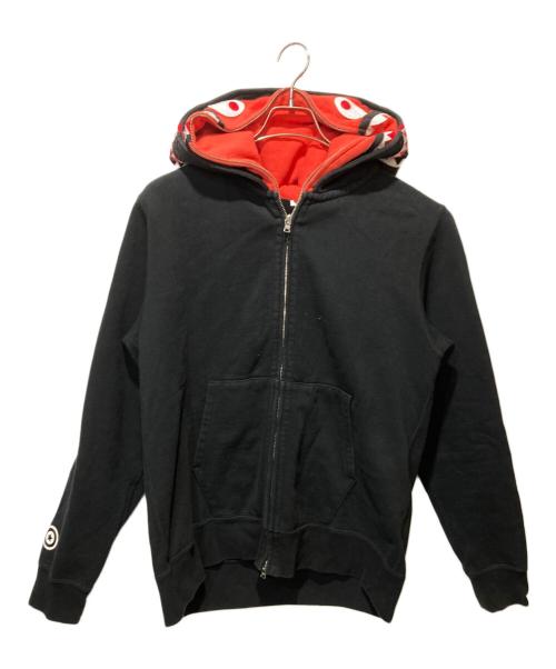 A BATHING APE（アベイシングエイプ）A BATHING APE (アベイシングエイプ) SHARK FULL ZIP DOUBLE HOODIEシャーク フルジップ ダブル フーディ ブラック×レッド サイズ:ｌの古着・服飾アイテム