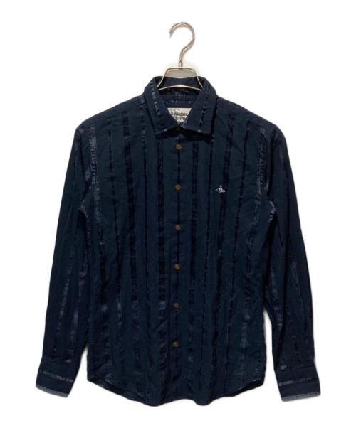 Vivienne Westwood man（ヴィヴィアン ウェストウッド マン）Vivienne Westwood man (ヴィヴィアン ウェストウッド マン) オーブ刺繍ベルベットラインシャツ ネイビー サイズ:44の古着・服飾アイテム