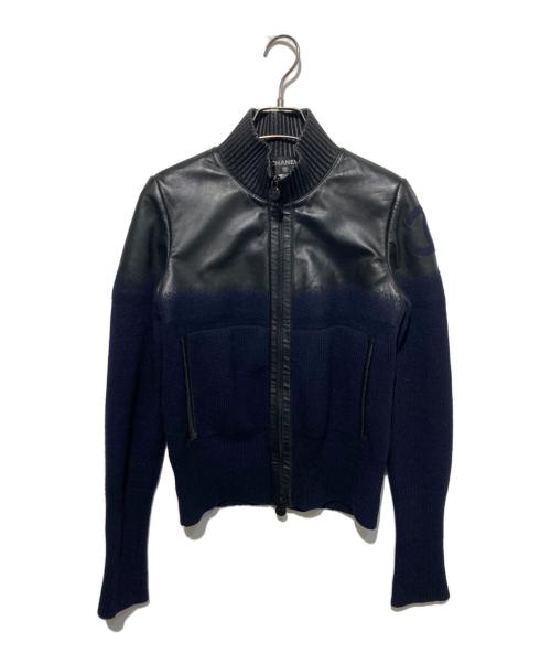 CHANEL（シャネル）CHANEL (シャネル) ニット切替ラムレザージャケット ブラック×ネイビー サイズ:36の古着・服飾アイテム