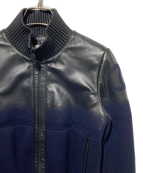 CHANEL（シャネル）CHANEL (シャネル) ニット切替ラムレザージャケット ブラック×ネイビー サイズ:36の古着・服飾アイテム