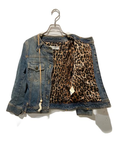 DOLCE & GABBANA（ドルチェ＆ガッバーナ）DOLCE & GABBANA (ドルチェ＆ガッバーナ) レオパードノーカラーベルトデザインデニムジャケット インディゴ サイズ:40の古着・服飾アイテム