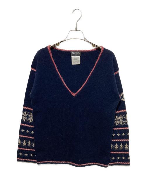 CHANEL（シャネル）CHANEL (シャネル) ココマークカシミヤモヘア混Vネックニット ネイビー サイズ:40の古着・服飾アイテム