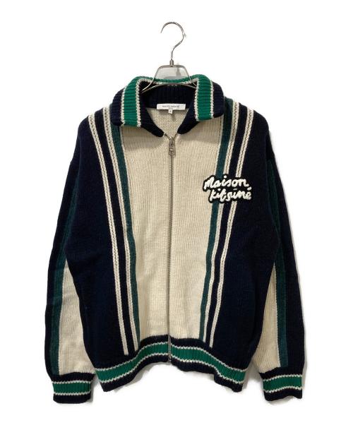 maison kitsune（メゾンキツネ）MAISON KITSUNE (メゾンキツネ) KNITTED COLLEGE BLOUSON / ニット・カレッジ・ブルゾン ホワイト×ネイビー サイズ:Mの古着・服飾アイテム