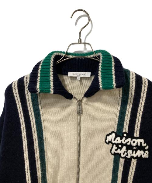 maison kitsune（メゾンキツネ）MAISON KITSUNE (メゾンキツネ) KNITTED COLLEGE BLOUSON / ニット・カレッジ・ブルゾン ホワイト×ネイビー サイズ:Mの古着・服飾アイテム
