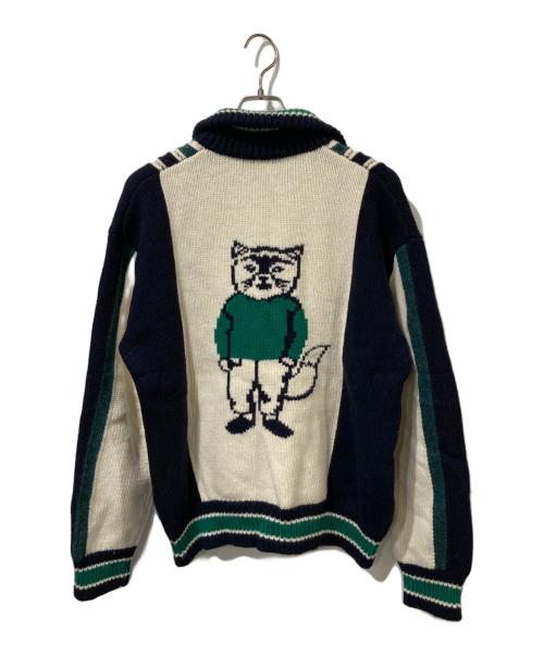 maison kitsune（メゾンキツネ）MAISON KITSUNE (メゾンキツネ) KNITTED COLLEGE BLOUSON / ニット・カレッジ・ブルゾン ホワイト×ネイビー サイズ:Mの古着・服飾アイテム