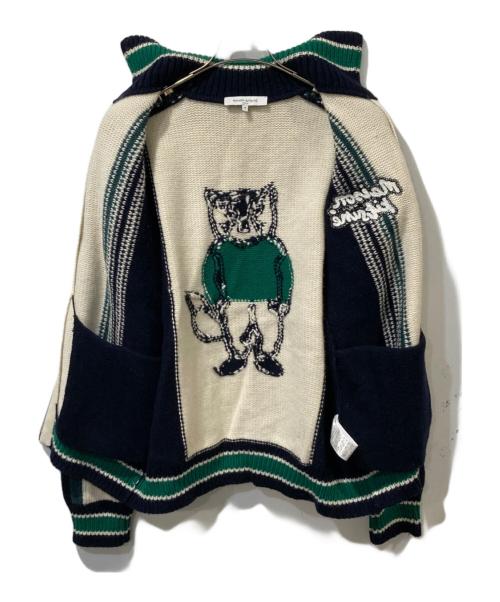 maison kitsune（メゾンキツネ）MAISON KITSUNE (メゾンキツネ) KNITTED COLLEGE BLOUSON / ニット・カレッジ・ブルゾン ホワイト×ネイビー サイズ:Mの古着・服飾アイテム