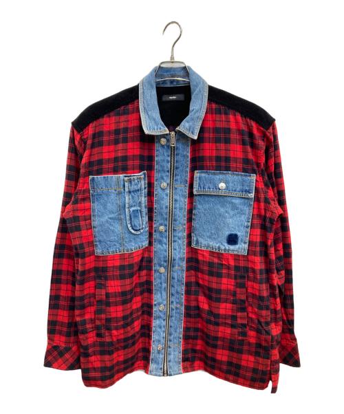 DIESEL（ディーゼル）DIESEL (ディーゼル) ミックスマテリアルチェックシャツ レッド×インディゴ サイズ:Lの古着・服飾アイテム