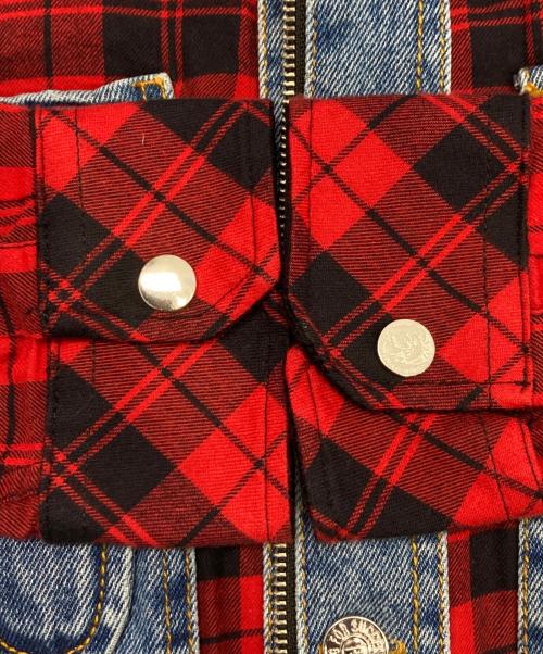 DIESEL（ディーゼル）DIESEL (ディーゼル) ミックスマテリアルチェックシャツ レッド×インディゴ サイズ:Lの古着・服飾アイテム