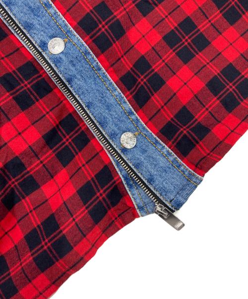 DIESEL（ディーゼル）DIESEL (ディーゼル) ミックスマテリアルチェックシャツ レッド×インディゴ サイズ:Lの古着・服飾アイテム
